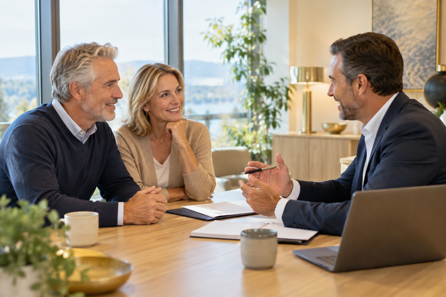A couple having a relaxed conversation with a licensed insurance producer